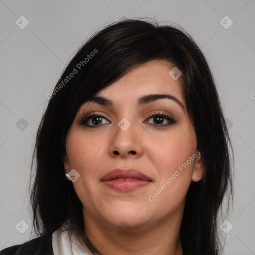 Joyful white young-adult female with medium  black hair and brown eyes