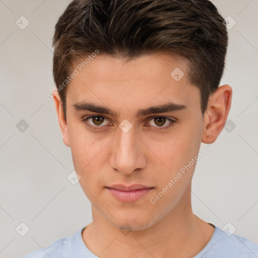 Neutral white young-adult male with short  brown hair and brown eyes