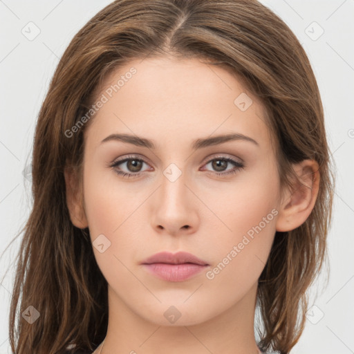 Neutral white young-adult female with long  brown hair and brown eyes