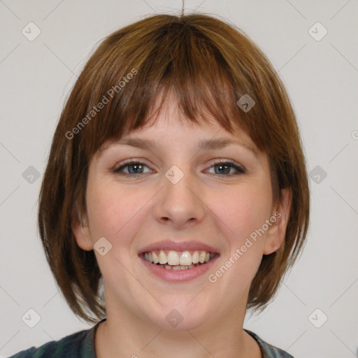 Joyful white young-adult female with medium  brown hair and blue eyes