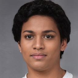 Neutral black young-adult female with short  black hair and brown eyes