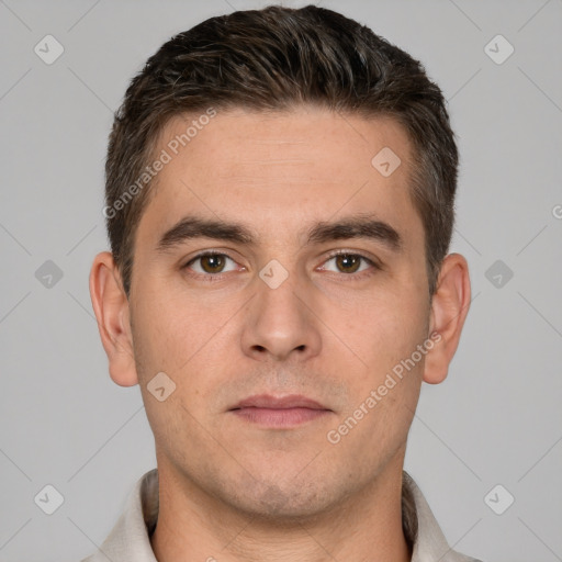 Neutral white young-adult male with short  brown hair and brown eyes