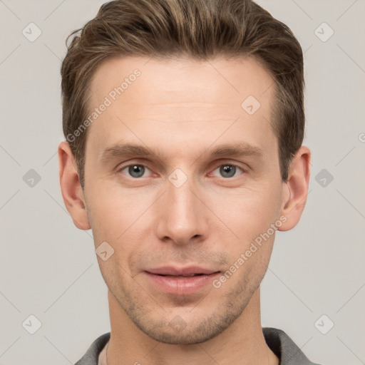 Neutral white young-adult male with short  brown hair and grey eyes