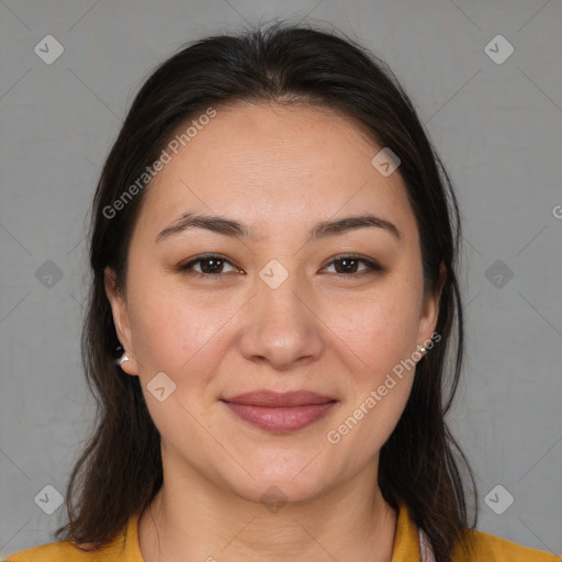 Joyful white young-adult female with medium  brown hair and brown eyes