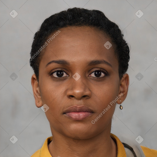 Neutral black young-adult female with short  brown hair and brown eyes