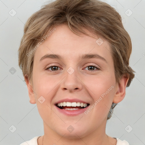 Joyful white young-adult female with short  brown hair and grey eyes