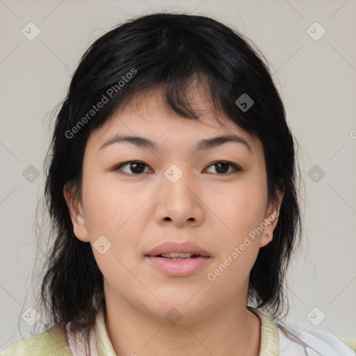 Neutral asian young-adult female with medium  brown hair and brown eyes