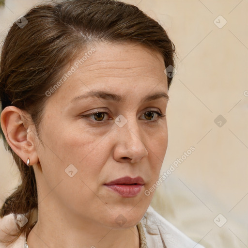 Neutral white adult female with medium  brown hair and brown eyes