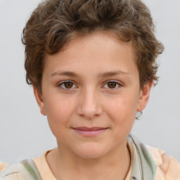 Joyful white child female with short  brown hair and brown eyes