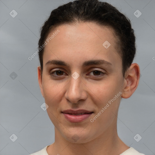 Joyful white young-adult female with short  brown hair and brown eyes