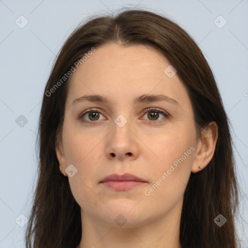 Neutral white young-adult female with long  brown hair and brown eyes