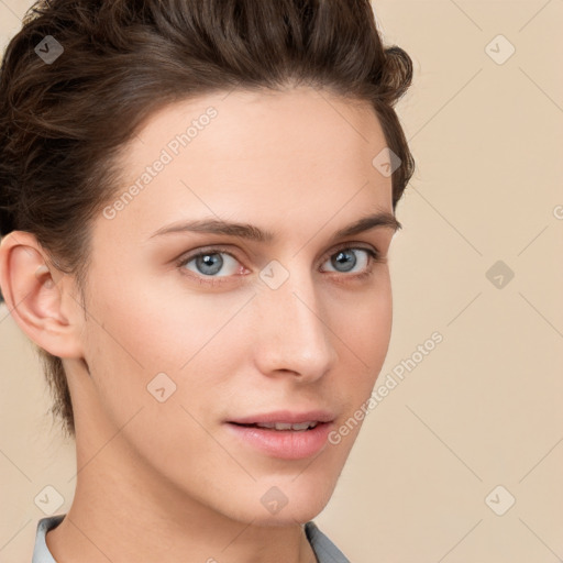 Neutral white young-adult female with short  brown hair and brown eyes