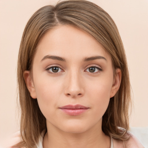 Neutral white young-adult female with medium  brown hair and grey eyes