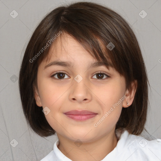 Joyful white child female with medium  brown hair and brown eyes