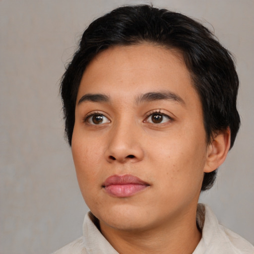 Neutral asian young-adult female with medium  brown hair and brown eyes