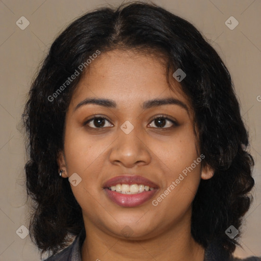 Joyful black young-adult female with medium  brown hair and brown eyes