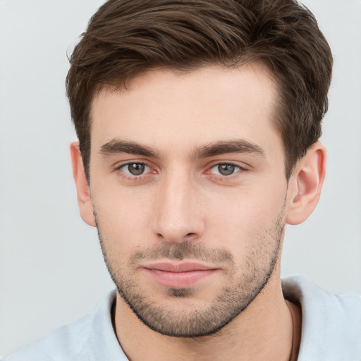 Neutral white young-adult male with short  brown hair and brown eyes