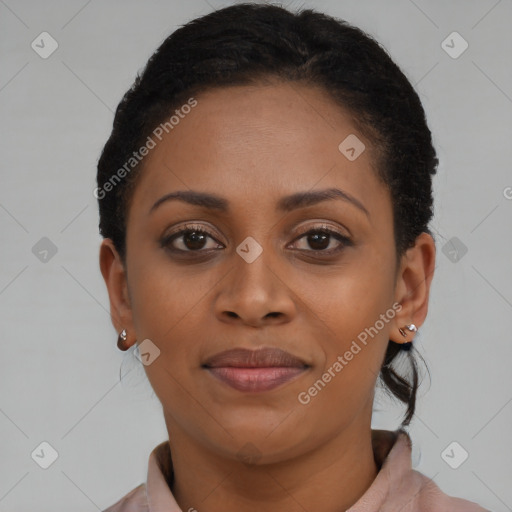 Joyful black young-adult female with short  brown hair and brown eyes