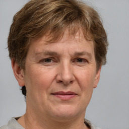 Joyful white adult male with short  brown hair and grey eyes