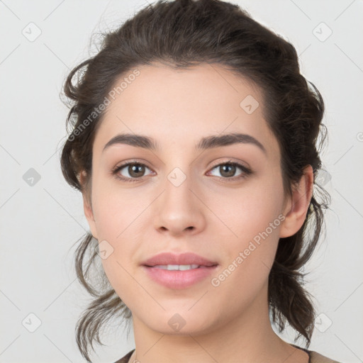 Neutral white young-adult female with medium  brown hair and brown eyes