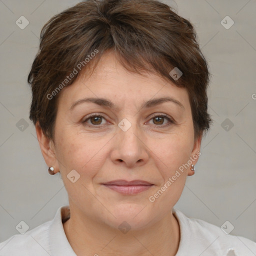 Joyful white adult female with short  brown hair and brown eyes