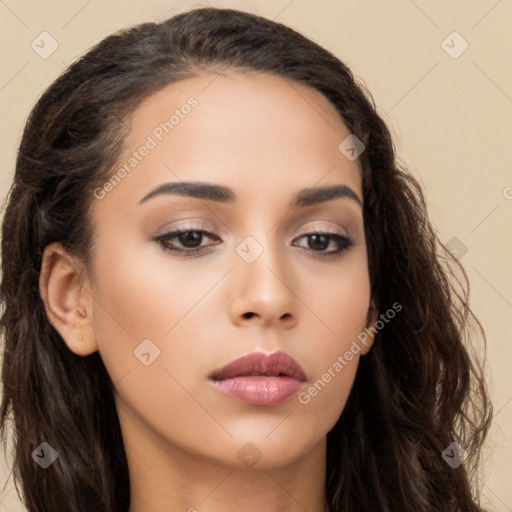 Neutral asian young-adult female with long  brown hair and brown eyes