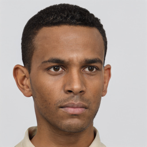 Neutral black young-adult male with short  black hair and brown eyes