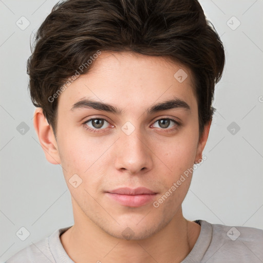 Neutral white young-adult male with short  brown hair and brown eyes