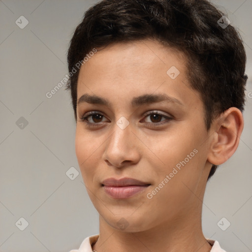 Joyful white young-adult female with short  brown hair and brown eyes