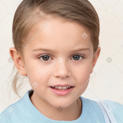 Joyful white child female with short  brown hair and brown eyes