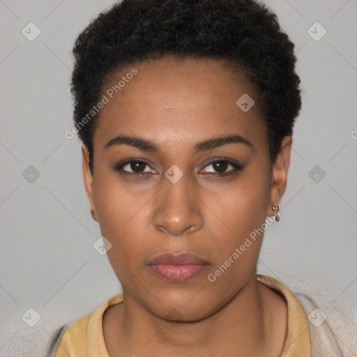 Neutral black young-adult female with short  black hair and brown eyes