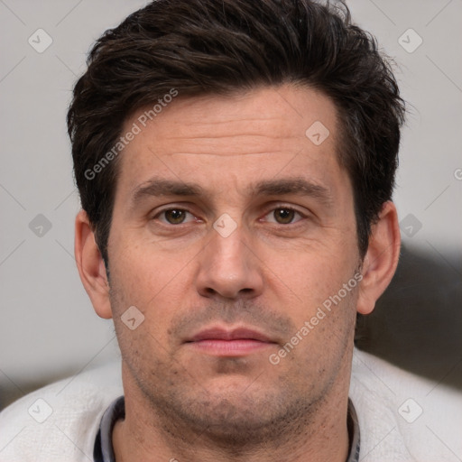 Neutral white adult male with short  brown hair and brown eyes