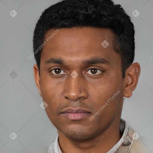 Neutral latino young-adult male with short  black hair and brown eyes