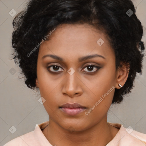 Neutral black young-adult female with medium  brown hair and brown eyes