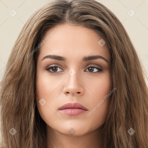 Neutral white young-adult female with long  brown hair and brown eyes