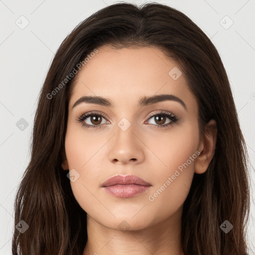 Neutral white young-adult female with long  brown hair and brown eyes