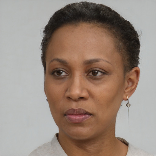 Neutral black adult female with short  brown hair and brown eyes