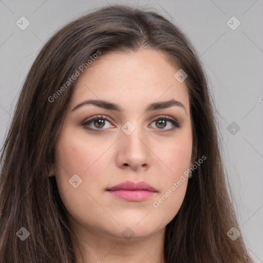 Neutral white young-adult female with long  brown hair and brown eyes