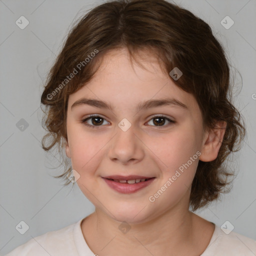 Joyful white child female with medium  brown hair and brown eyes