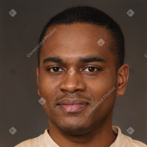 Joyful latino young-adult male with short  brown hair and brown eyes