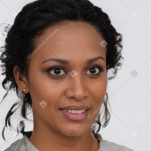 Joyful black young-adult female with medium  brown hair and brown eyes