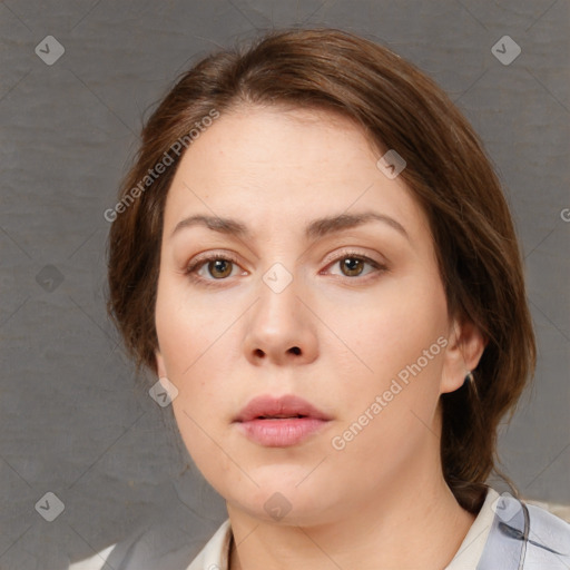 Neutral white young-adult female with medium  brown hair and brown eyes