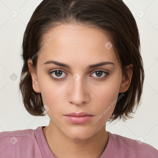 Neutral white young-adult female with medium  brown hair and brown eyes