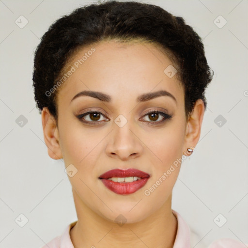 Joyful latino young-adult female with short  brown hair and brown eyes