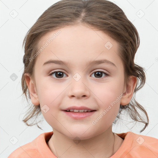 Joyful white child female with medium  brown hair and brown eyes