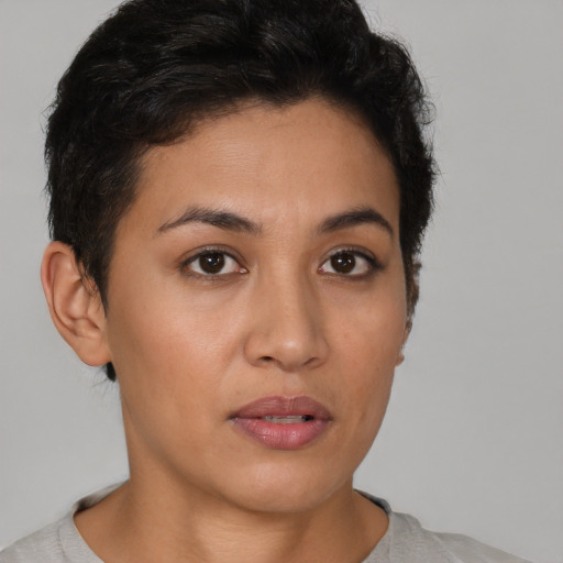 Neutral latino young-adult female with short  brown hair and brown eyes