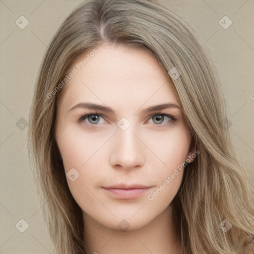 Neutral white young-adult female with long  brown hair and grey eyes