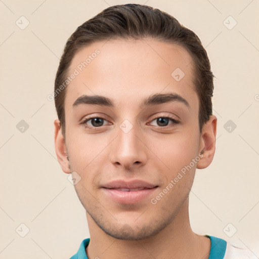 Joyful white young-adult male with short  brown hair and brown eyes