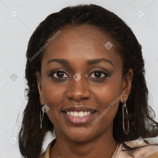 Joyful black young-adult female with medium  brown hair and brown eyes