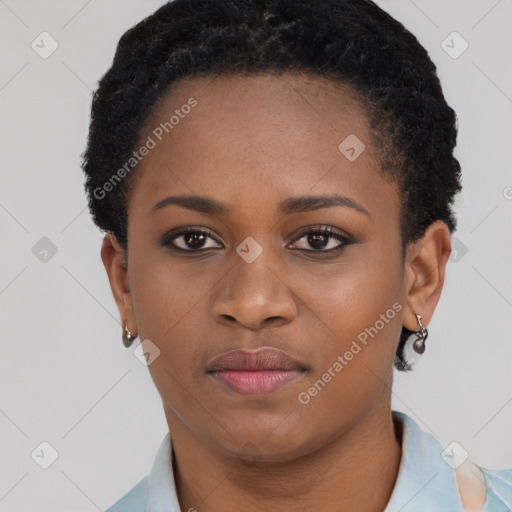 Neutral black young-adult female with short  black hair and brown eyes